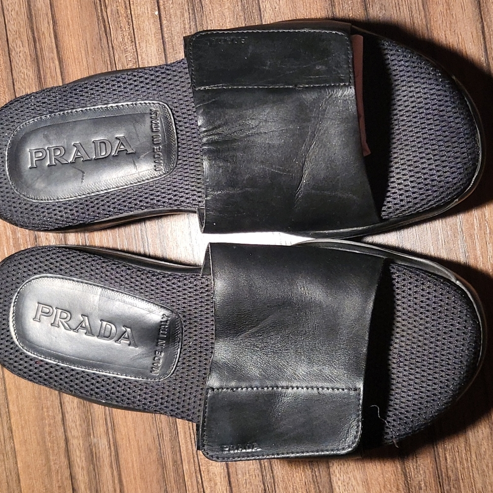 Prada Black Leather Slides w/ Vibram sole (size tbd see measurements)